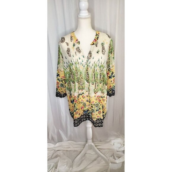 figueroa & flower Tops - Anthropologie Figueroa & Flower Blouse Top 2XL Boho Tunic Button Up Sheer Floral